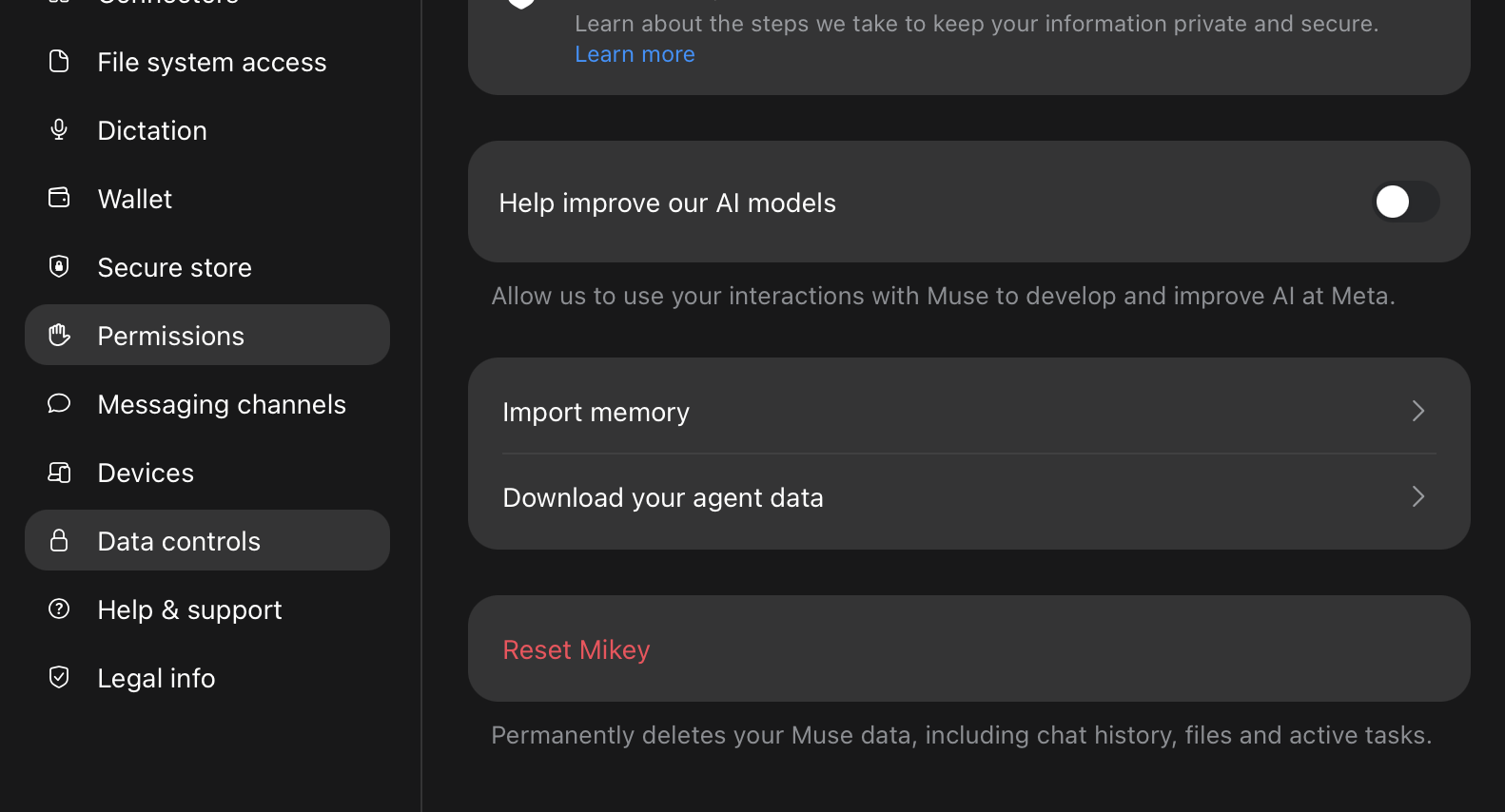 Muse app Data controls screen with the Help improve our AI models toggle